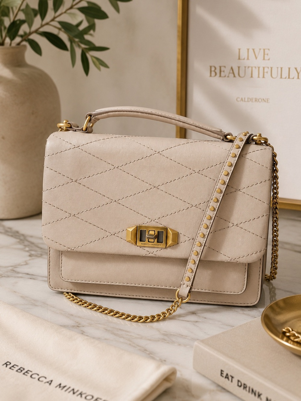 Rebecca Minkoff Taupe Quilted Leather Shoulder Bag with Gold Hardware